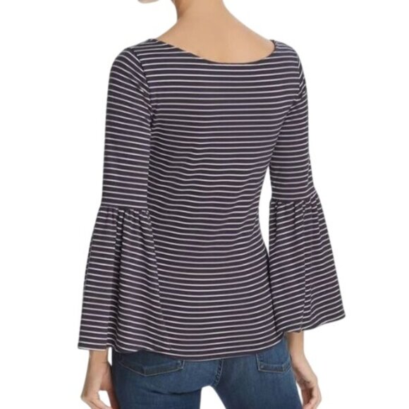 Frame Boatneck Bell Sleeve Striped Top Modal Navy Blue White Women's XS Nautical - Picture 5 of 12